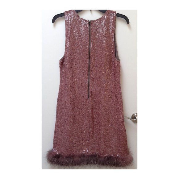 Alice and Olivia bronze mocha sequined fur hem sleeveless cocktail dress US 4 - Picture 2 of 6